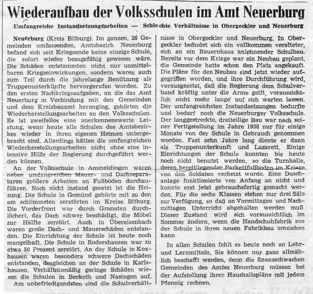 Wiederaufbau der Volksschulen im Amt Neuerburg